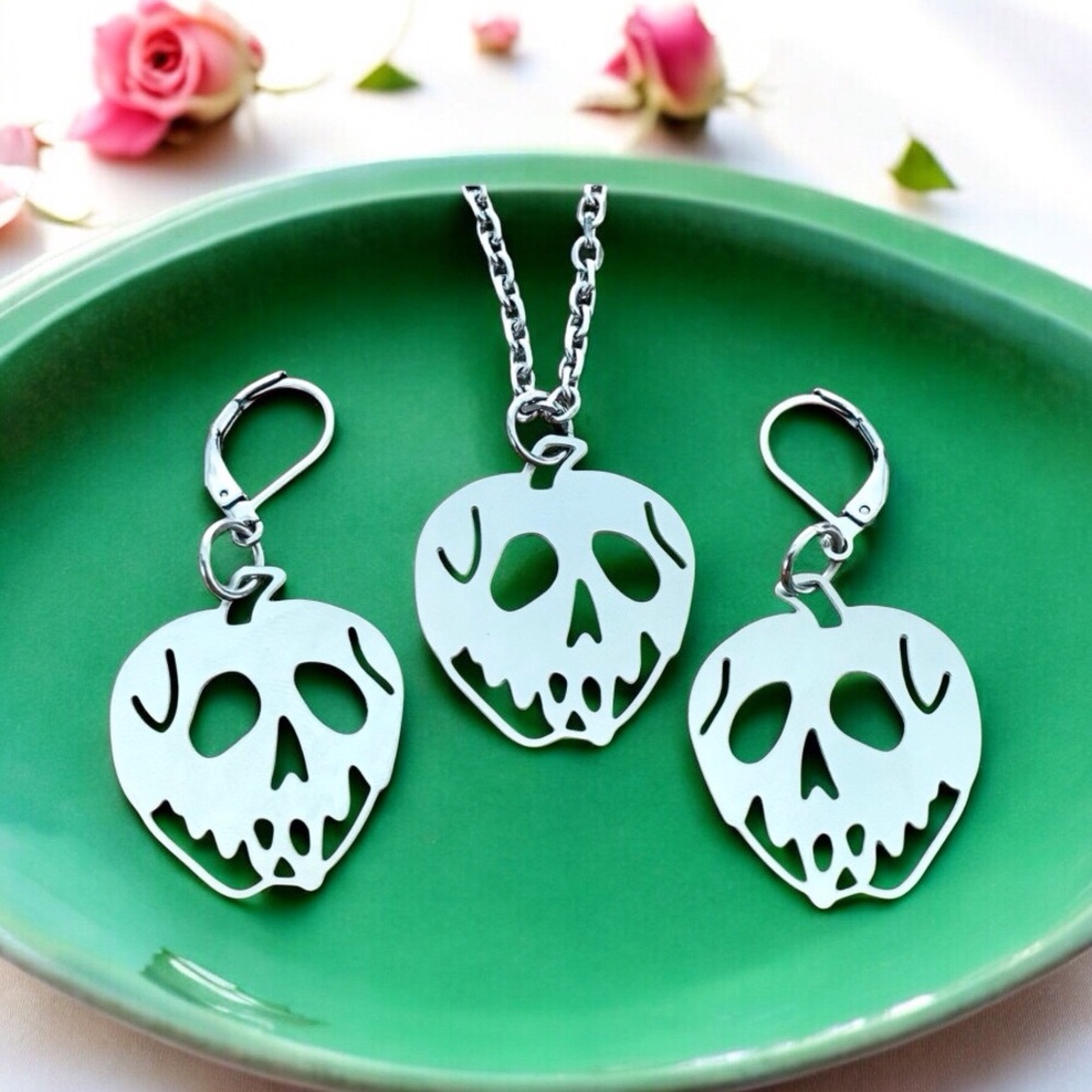 🆕 Poison Apple Laser Cut Necklace and Earrings Set Stainless Steel